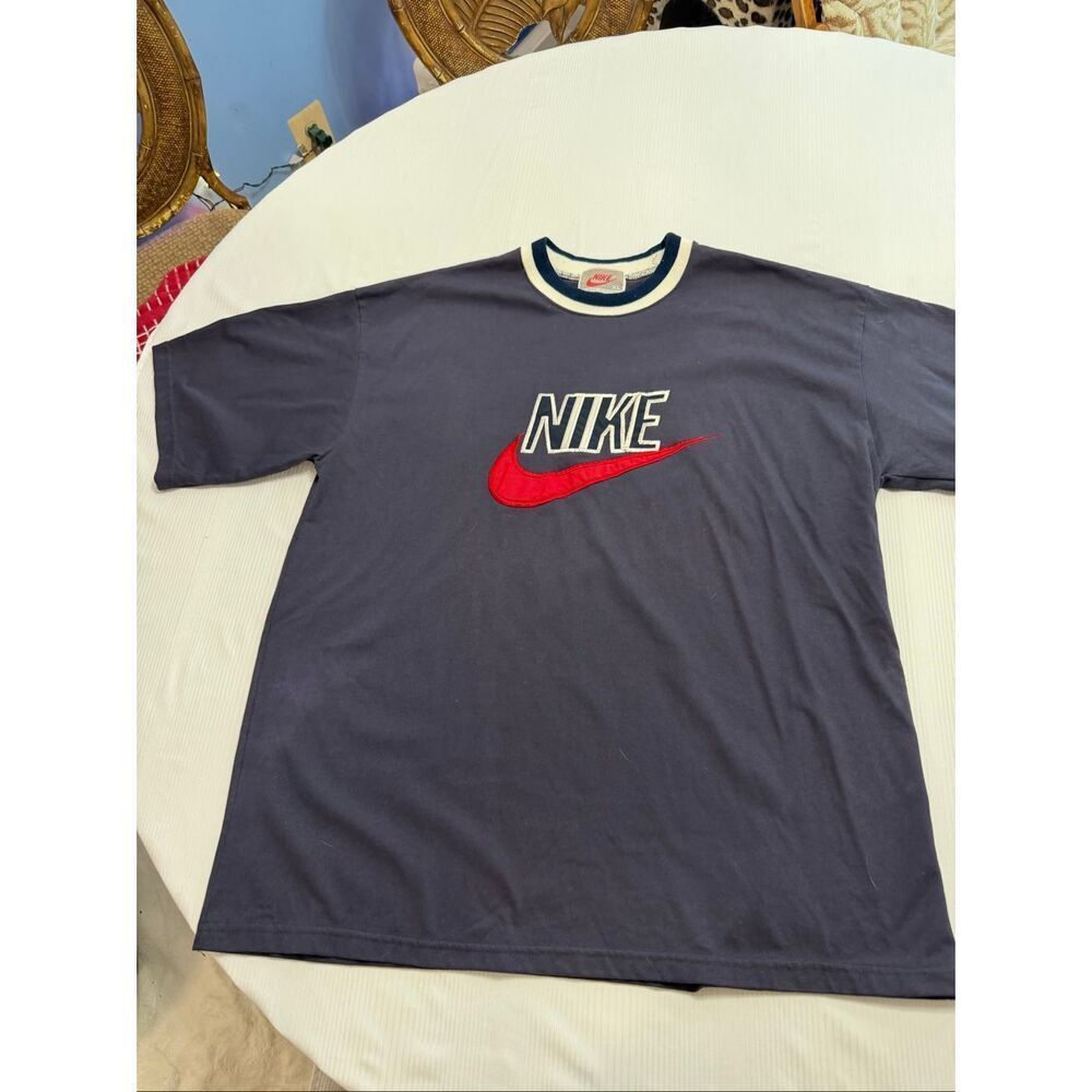 Nike Vintage Navy Blue Swoosh Short Sleeve T-Shirt Size XL - Picture 1 of 10